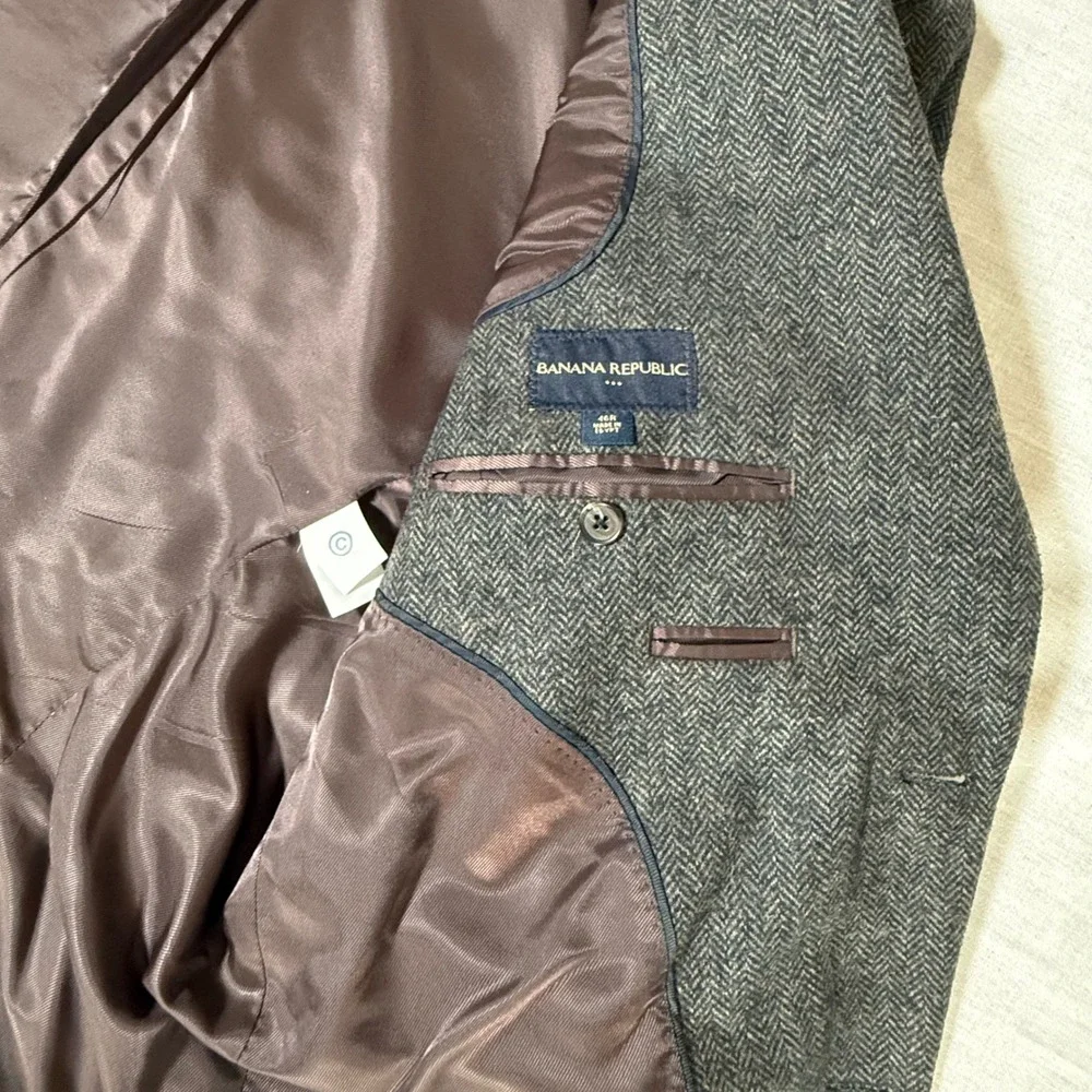 Banana Republic Men Brown Herringbone Blazer Elbow Patches 46R Dark Academia EUC